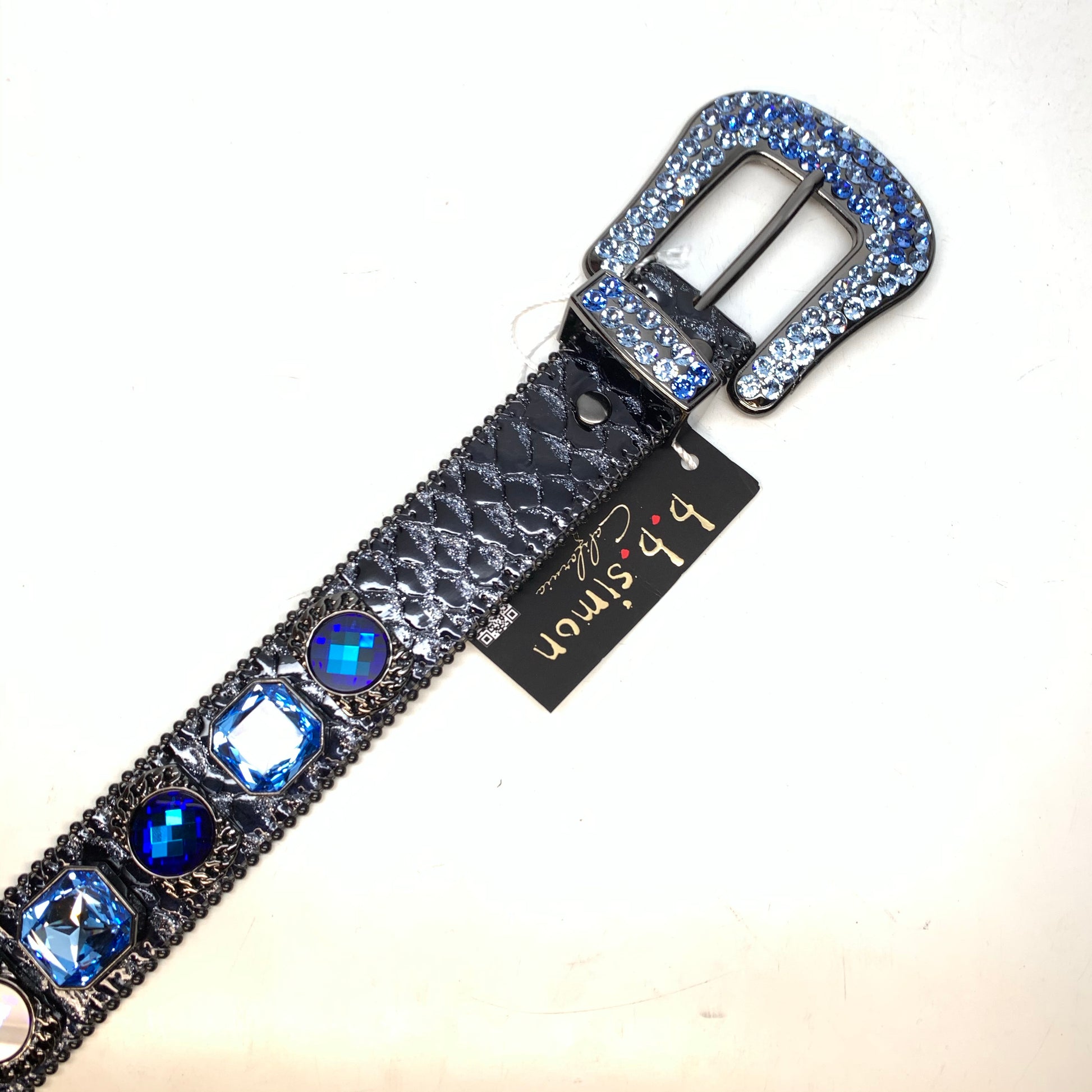 b.b. Simon 'Midnight Navy' Big Block Patent Python Crystal Belt - Dudes Boutique