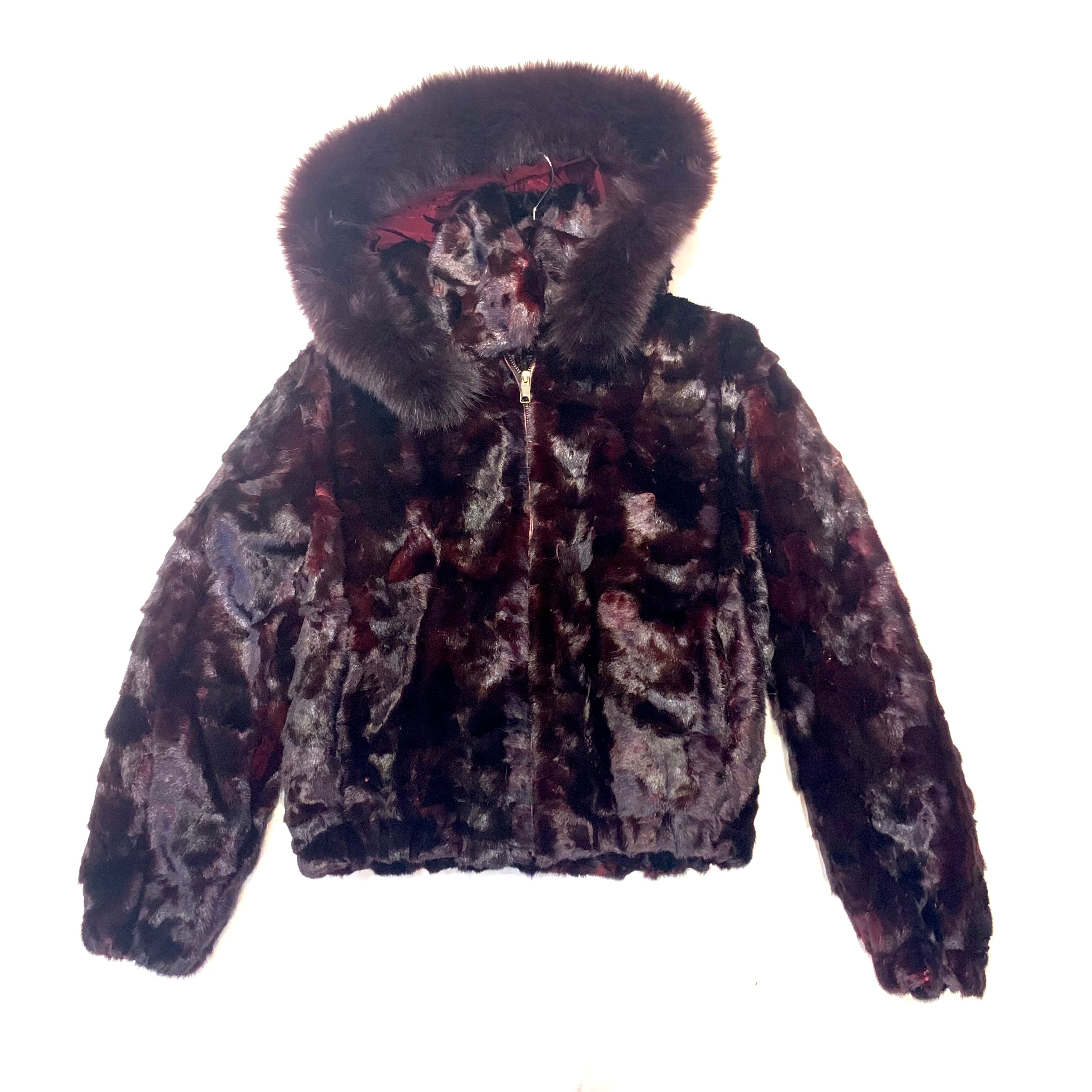 Kashani Women's Wine Diamond Cut Mink Hooded Bomber Jacket - Dudes Boutique