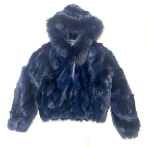 Kashani Women's Navy Blue Full Fox Fur Hooded Bomber Coat - Dudes Boutique