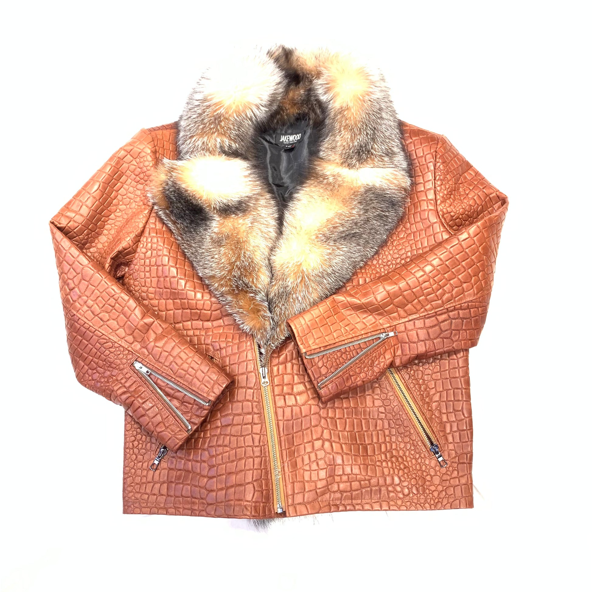 Kashani Men's Cognac Gator Embossed Fox Collar Biker Jacket - Dudes Boutique