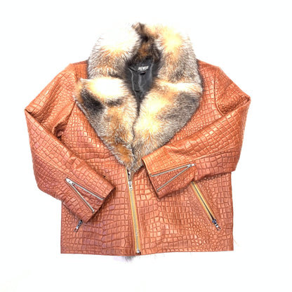Kashani Men's Cognac Gator Embossed Fox Collar Biker Jacket - Dudes Boutique