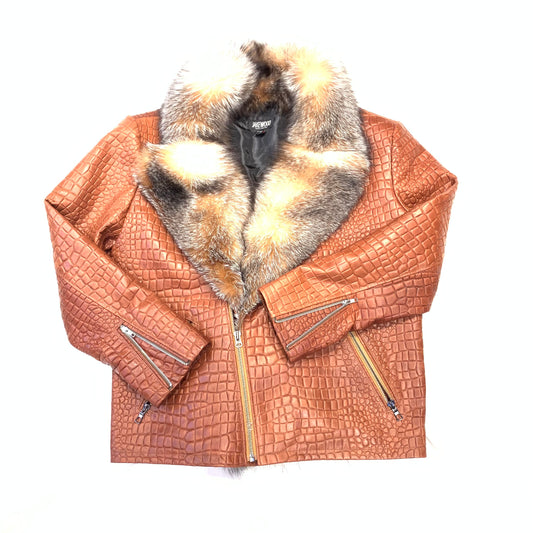 Kashani Men's Cognac Gator Embossed Fox Collar Biker Jacket - Dudes Boutique