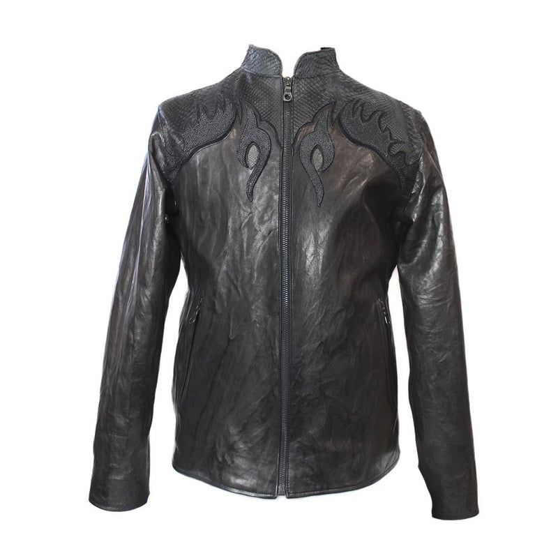 Kashani Moltres Mandarin Collar Stingray/Cobra/Calf Leather Biker Jacket - Dudes Boutique